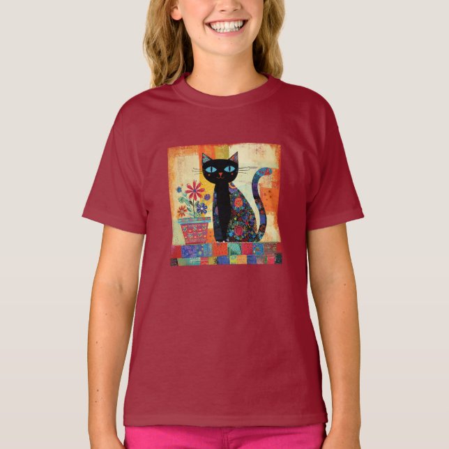 Schwarze Katze Whimsical Kunst T-Shirt (Vorderseite)