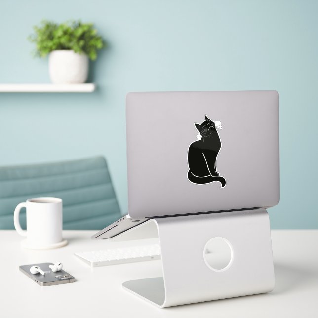 Schwarze Katze zeichnend Aufkleber (Laptop auf Schreibtisch)