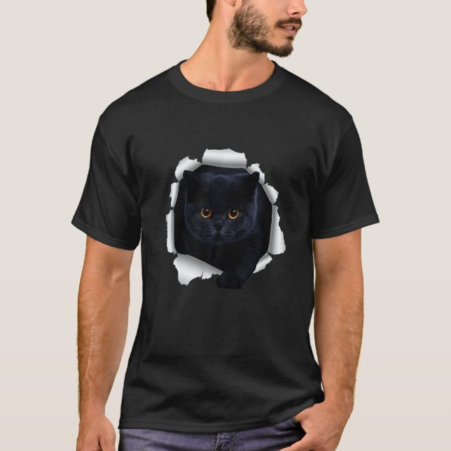 Schwarze Katze zerrissenes Tuch T-Shirt (Vorderseite)