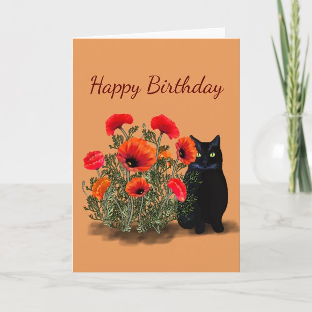 Schwarze Katze zum Geburtstag von Poppies Karte (Vorderseite)