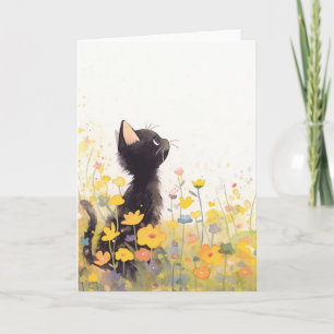 Schwarze Katze zwischen den Blumen Karte