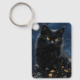 Schwarze Katze zwischen den Blumen Schlüsselanhänger
