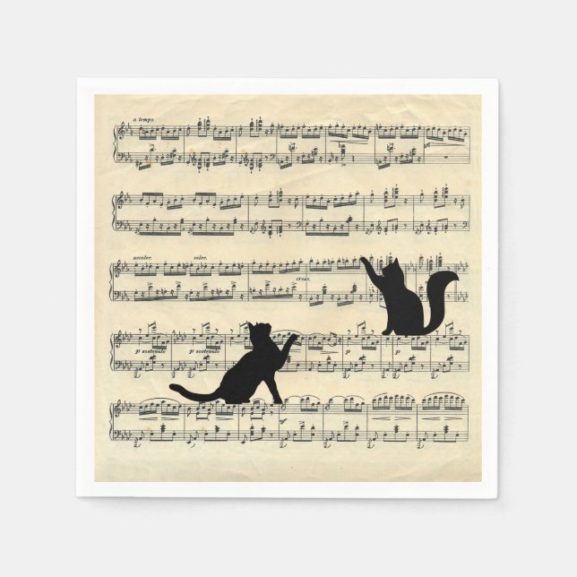 Schwarze Katzen auf Blatt Musik Serviette (Vorderseite)