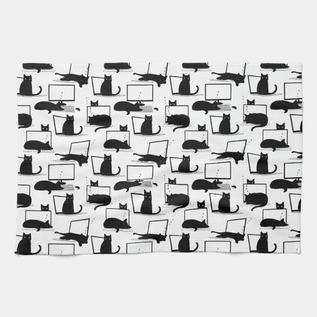 Schwarze Katzen auf Laptops Geschirrtuch (Horizontal)