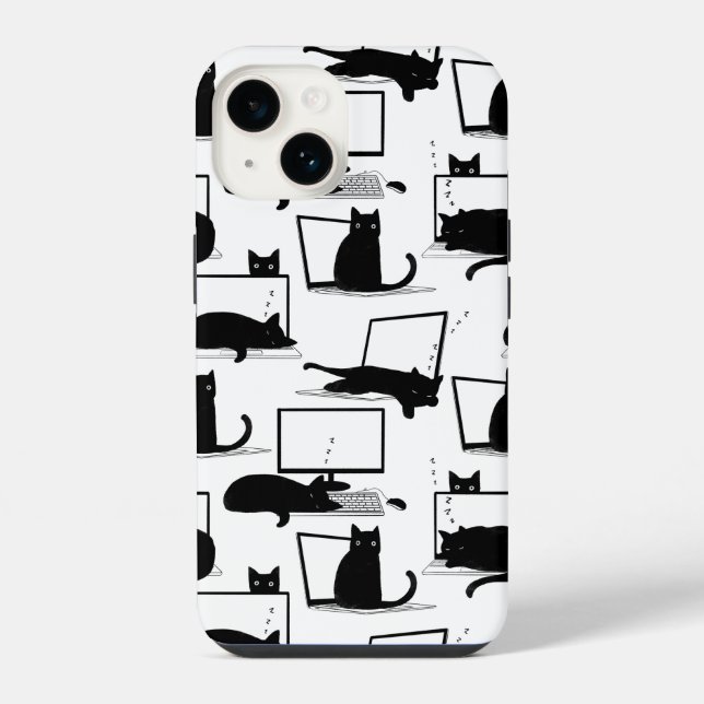Schwarze Katzen auf Laptops Muster iPhone Hülle (Rückseite)