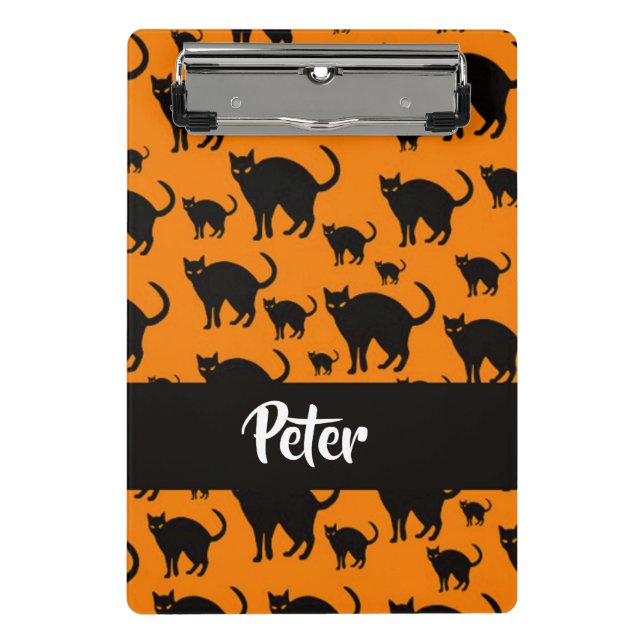 Schwarze Katzen auf Orange Mini Klemmbrett (Vorderseite)