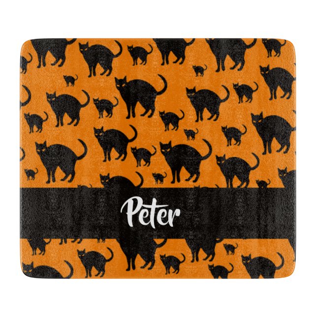 Schwarze Katzen auf Orange Schneidebrett (Vorderseite)