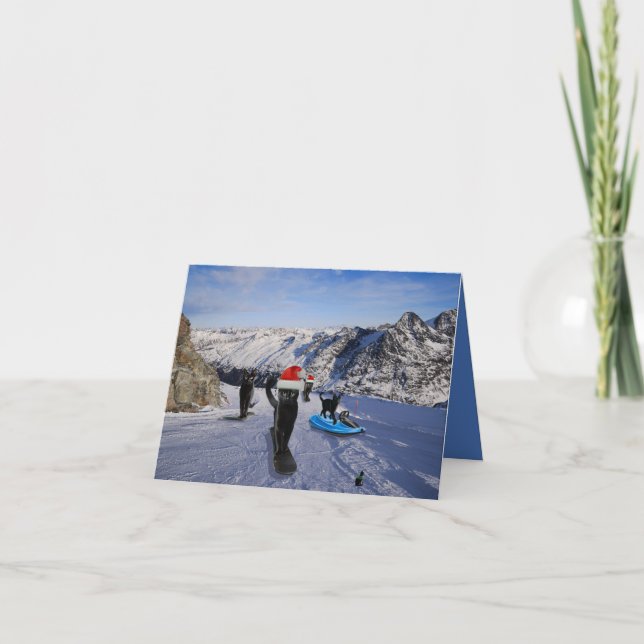 Schwarze Katzen auf Snowboards geklappte Grußkarte Karte (Vorderseite)