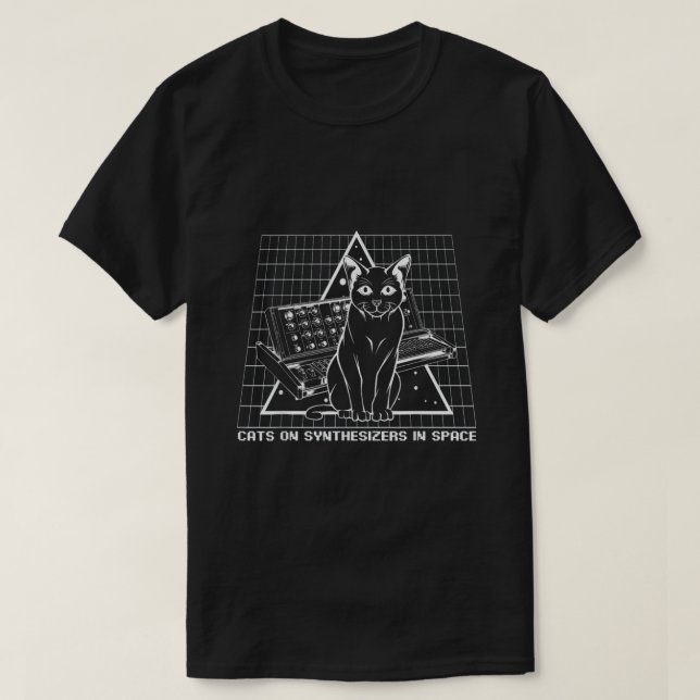 Schwarze Katzen auf Synthesizern im Weltraum T-Shirt (Design vorne)