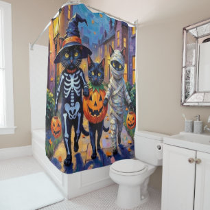 Schwarze Katzen beim Trick-or-Treat in Halloween-K Duschvorhang