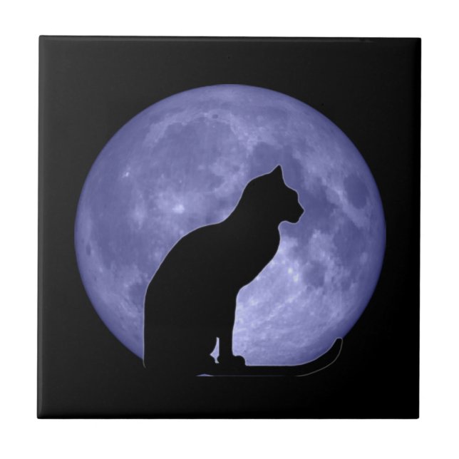 Schwarze Katzen-blauer Mond-Fliese Trivet Fliese (Vorderseite)