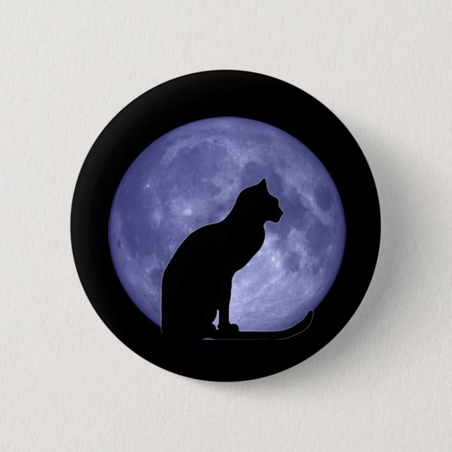 Schwarze Katzen-blauer Mond-Knopf-Button Button (Vorderseite)