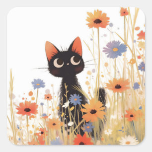 Schwarze Katzen Blumen Retreat Quadratischer Aufkleber