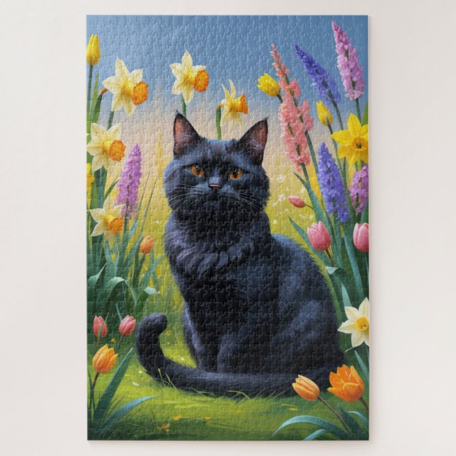 Schwarze Katzen Frühlingsblumen Malerei Puzzle (Vertikal)