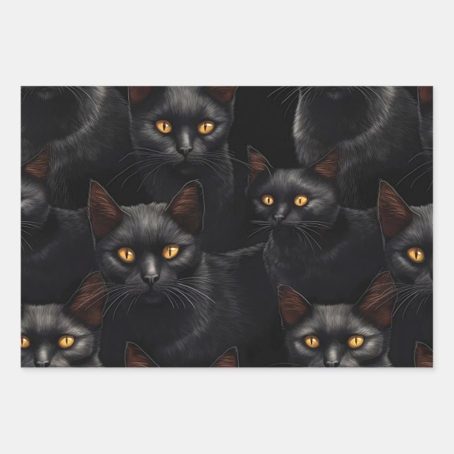 Schwarze Katzen Geschenkpapier Set (Vorderseite)