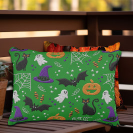 Schwarze Katzen Ghosts Fledermäuse Grünes Muster H Dekokissen