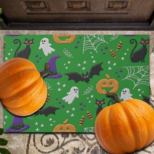 Schwarze Katzen Ghosts Fledermäuse Grünes Muster H Fußmatte