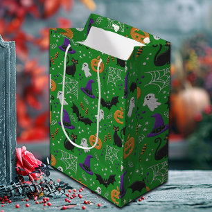 Schwarze Katzen Ghosts Fledermäuse Grünes Muster H Mittlere Geschenktüte