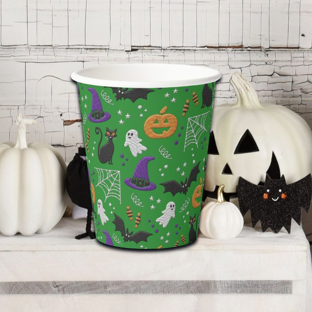 Schwarze Katzen Ghosts Fledermäuse Grünes Muster H Pappbecher (Von Creator hochgeladen)