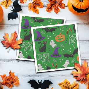 Schwarze Katzen Ghosts Fledermäuse Grünes Muster H Serviette