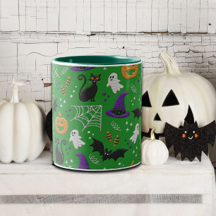 Schwarze Katzen Ghosts Fledermäuse Grünes Muster H Zweifarbige Tasse