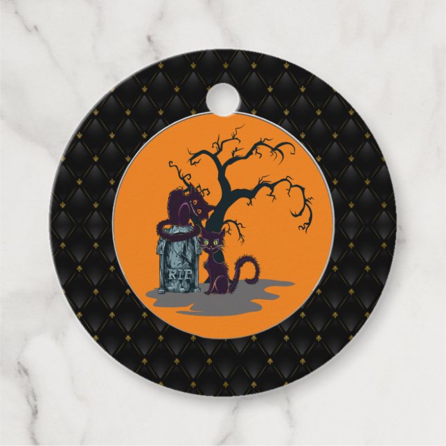 Schwarze Katzen Grabstein Tree Halloween Geschenkanhänger (Vorderseite)