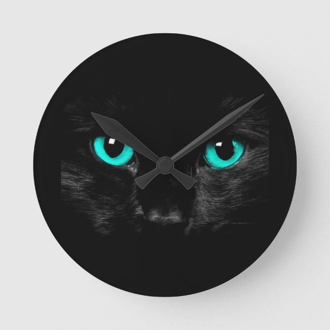 Schwarze Katzen-grüne Augen Runde Wanduhr (Vorderseite)