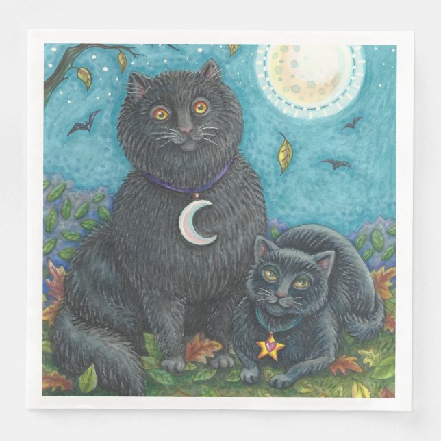 SCHWARZE KATZEN HALLOWEEN FOLK ART FELINES SERVIETTE (Vorderseite)