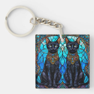 Schwarze Katzen im künstlerischen Bleiglasdesign Schlüsselanhänger