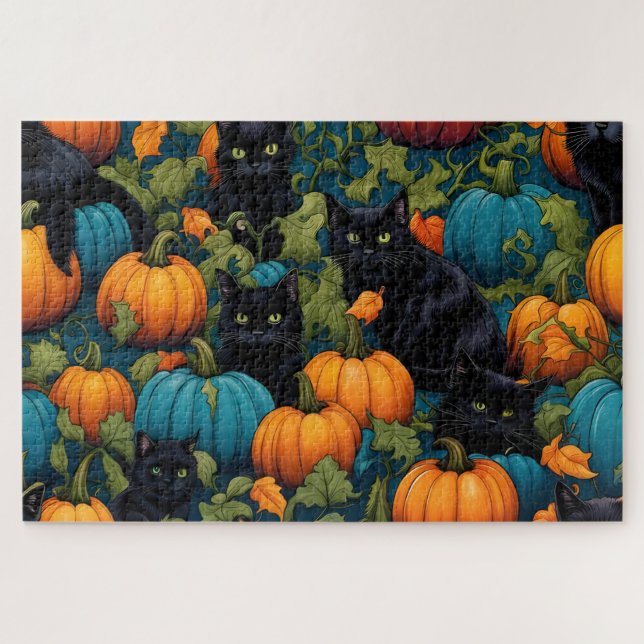 Schwarze Katzen im Kürbispflaster - Halloween Puzzle (Horizontal)
