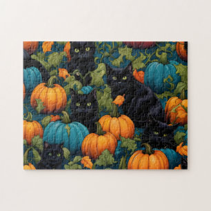 Schwarze Katzen im Kürbispflaster - Halloween Puzzle