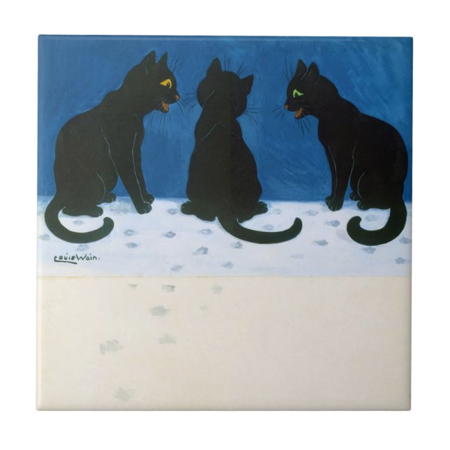 Schwarze Katzen im Schnee, Louis Wain Fliese (Vorderseite)