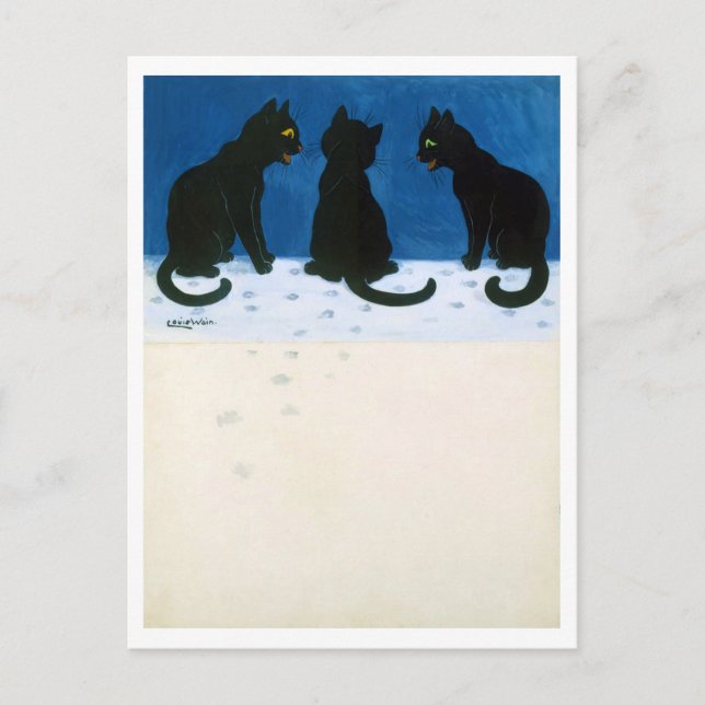Schwarze Katzen im Schnee, Louis Wain Postkarte (Vorderseite)