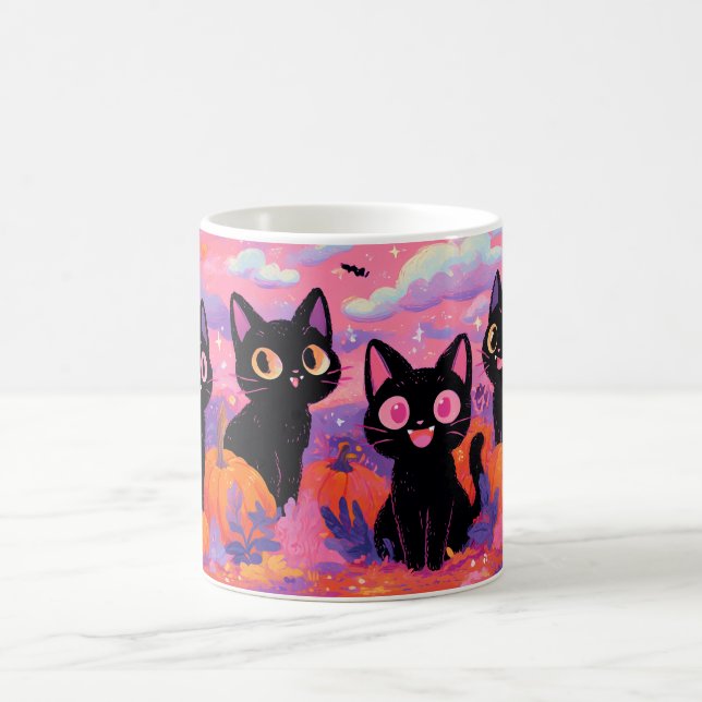 Schwarze Katzen in einer Pumpkinpflaster-Tasse Kaffeetasse (Mittel)