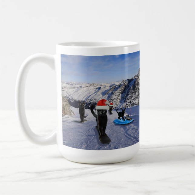 Schwarze Katzen in Weihnachtsmannmützen Snowboarde Kaffeetasse (Links)