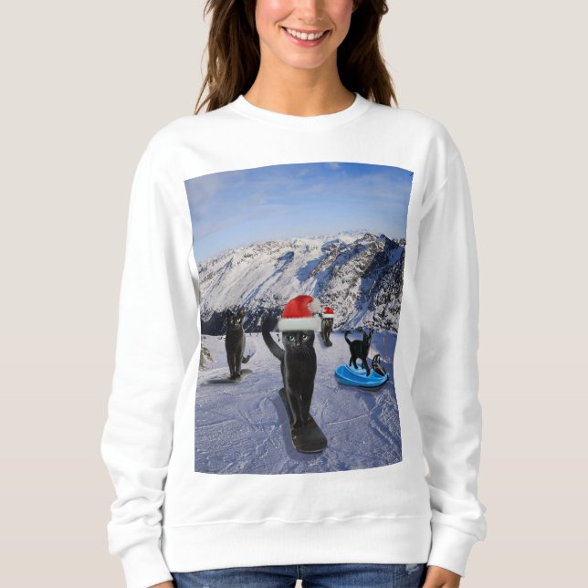 Schwarze Katzen in Weihnachtsmannmützen Snowboarde Sweatshirt (Vorderseite)