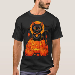 Schwarze Katzen-Kürbis-Mond-Halloween-Herbst T-Shirt