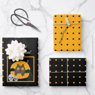 Schwarze Katzen-Kürbis-Totenköpfe Kinder Halloween Geschenkpapier Set