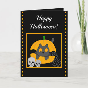 Schwarze Katzen-Kürbis-Totenköpfe Kinder Halloween Karte
