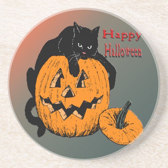 Schwarze Katzen-Kürbis-Untersetzer Getränkeuntersetzer (Vorne)