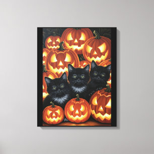 Schwarze Katzen & Kürbislaternen Leinwanddruck