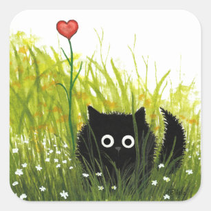 Schwarze Katzen-Liebe-Herz durch Bihrle Quadratischer Aufkleber