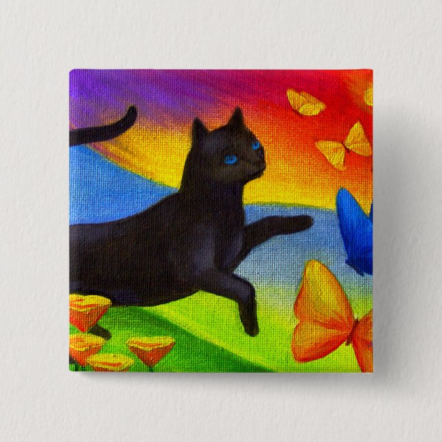 Schwarze Katzen-Malerei-Schmetterlings-Kunst - Button (Vorderseite)