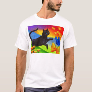 Schwarze Katzen-Malerei-Schmetterlings-Kunst - T-Shirt