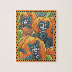 SCHWARZE KATZEN, MAUS, KÜRBISFELD HALLOWEEN-PUZZLE PUZZLE