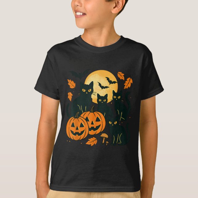 Schwarze Katzen mit Jack O Lanterns Mond und Flede T-Shirt (Vorderseite)
