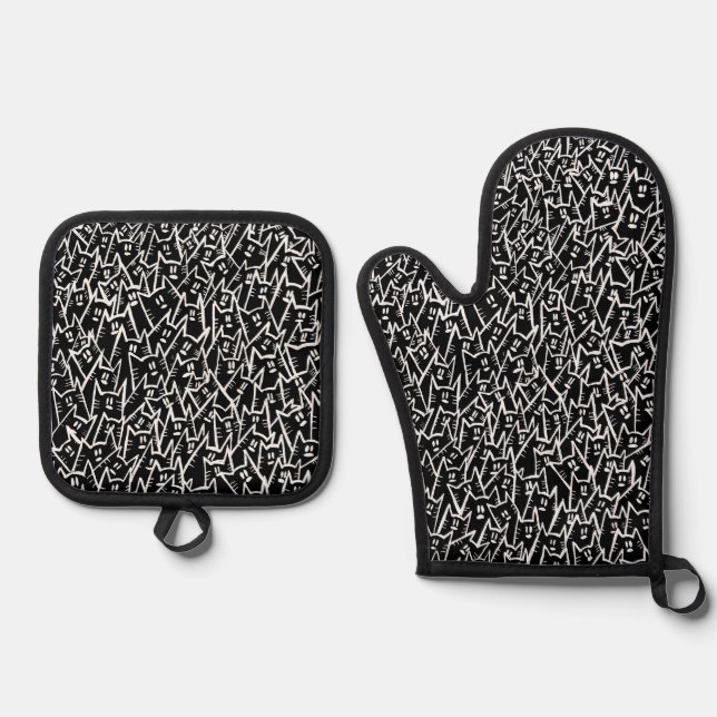 Schwarze Katzen Ofenhandschuh & Topflappen-Set (Vorderseite)