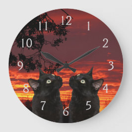 Schwarze Katzen Rote Sonnenuntergang nummerierte W Große Wanduhr
