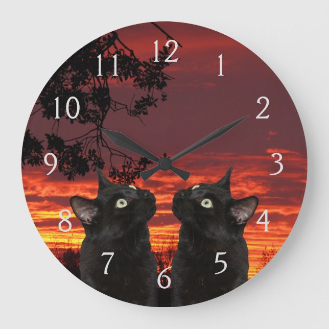 Schwarze Katzen Rote Sonnenuntergang nummerierte W Große Wanduhr (Vorderseite)