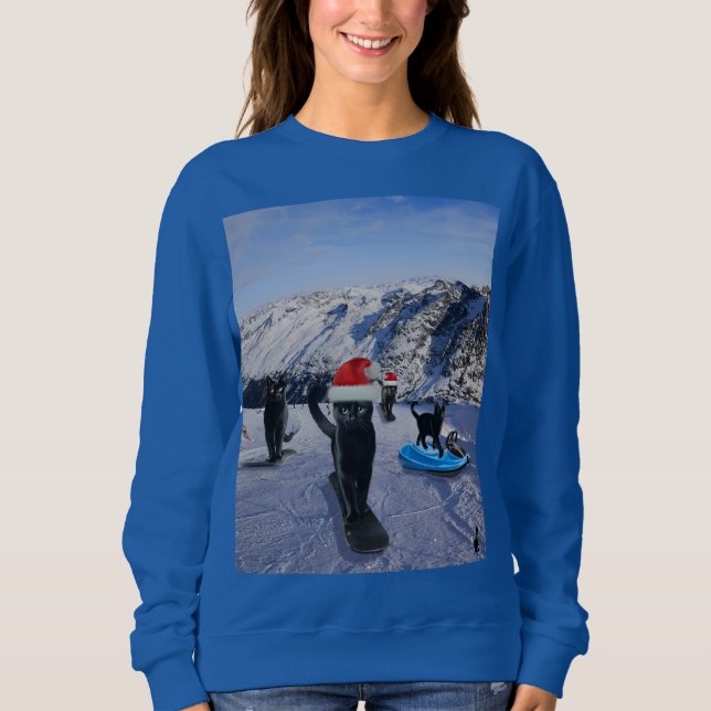 Schwarze Katzen Snowboarden zu Weihnachten Sweatshirt (Vorderseite)